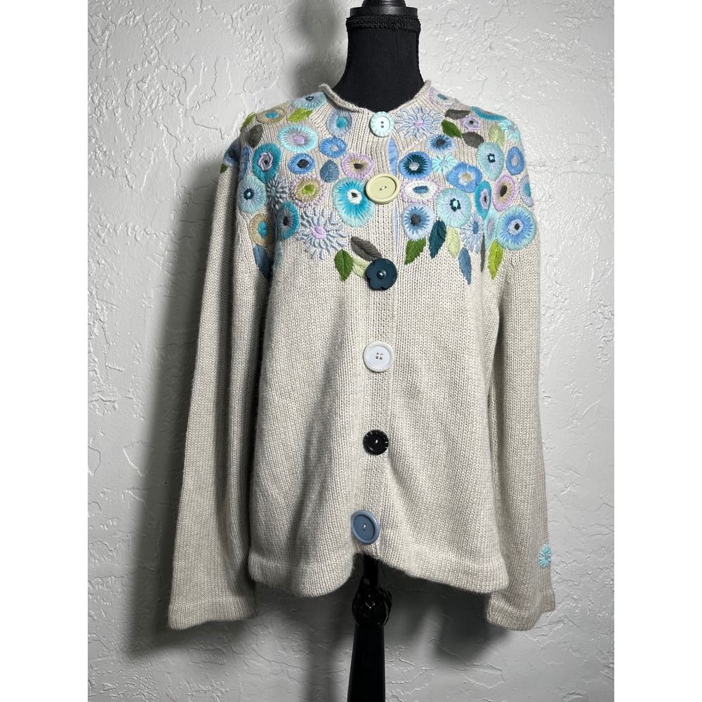 Sigrid Olsen XL Silk Blend Floral Embroidered Cardigan Mismatched Buttons